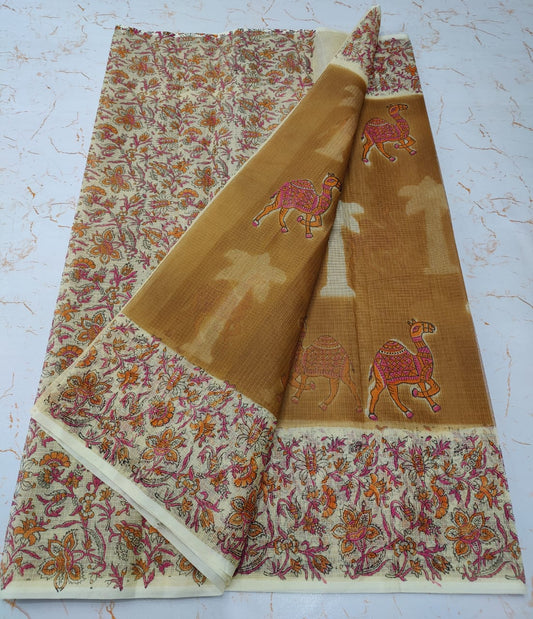 Tortila Brown Tree Print Refined KotaDoria Die Block Printed Cotton Saree With Blouse