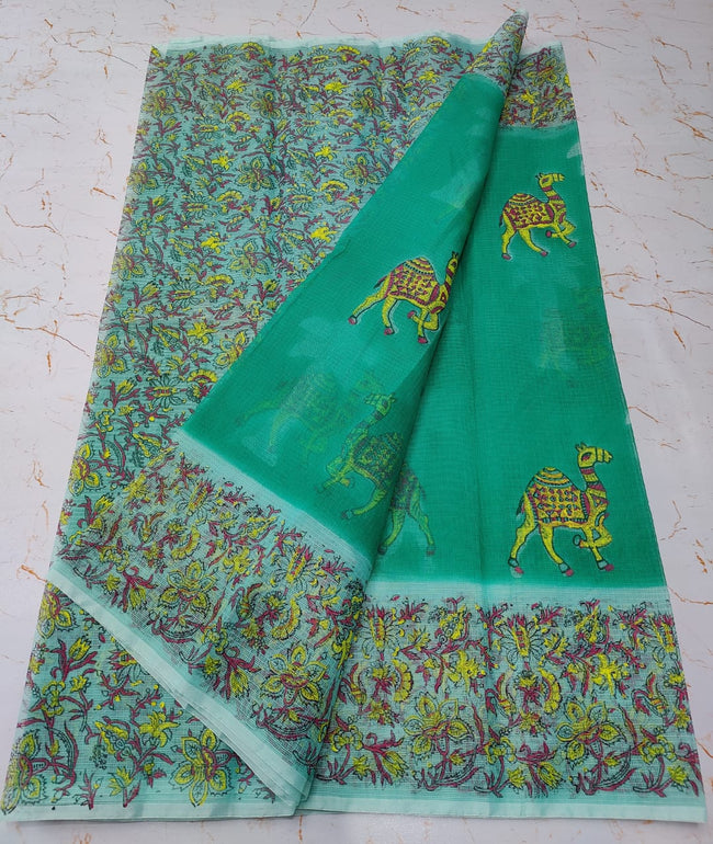 Persian Green Tree Print Refined KotaDoria Dye Block Printed Cotton Saree With Blouse