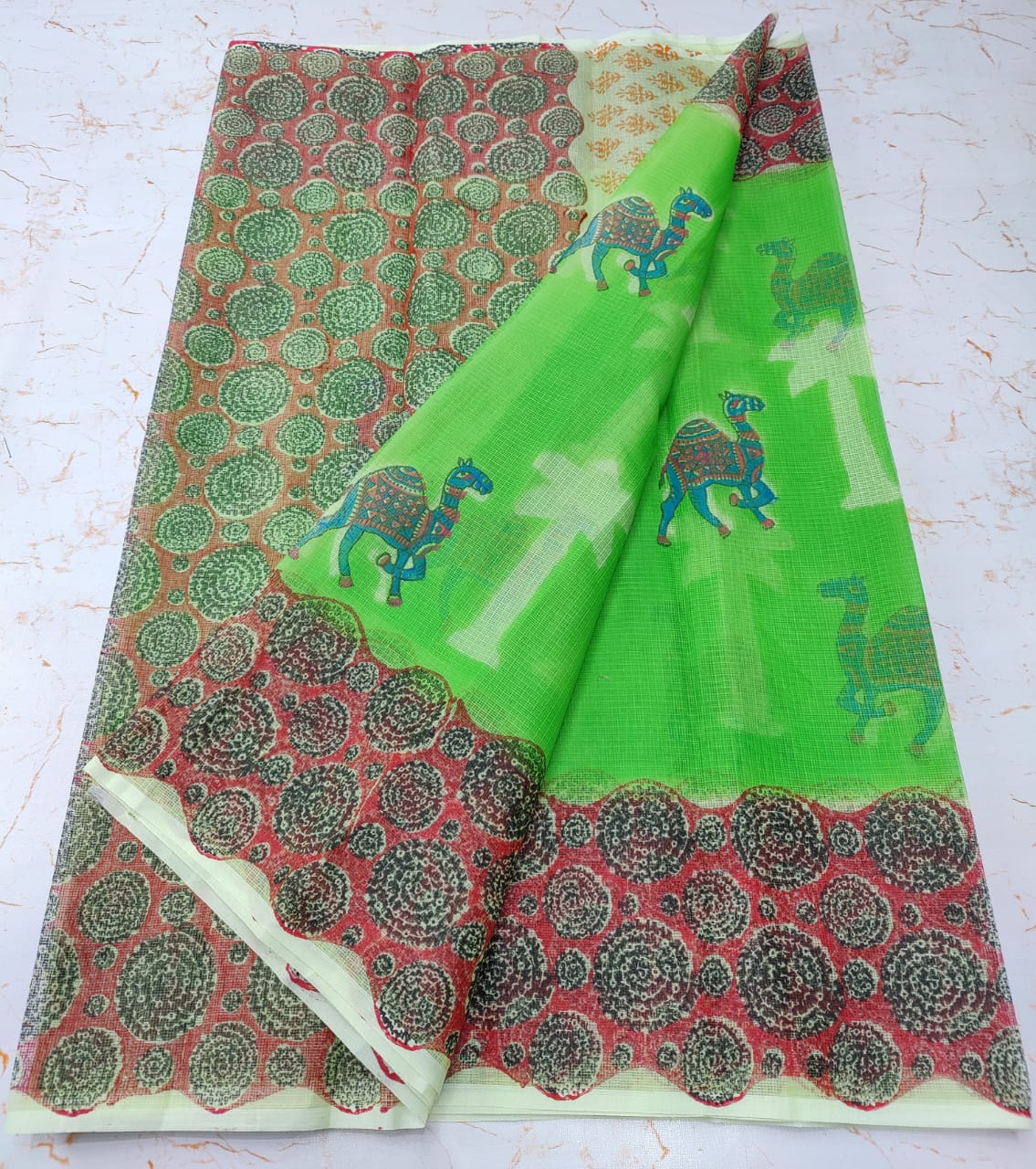 Kelly Green Tree Print Refined KotaDoria Dye Block Printed Cotton Saree With Blouse