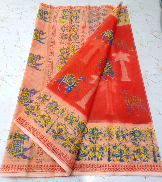 Rosso Corsa Tree Print Refined KotaDoria Dye Block Printed Cotton Saree With Blouse