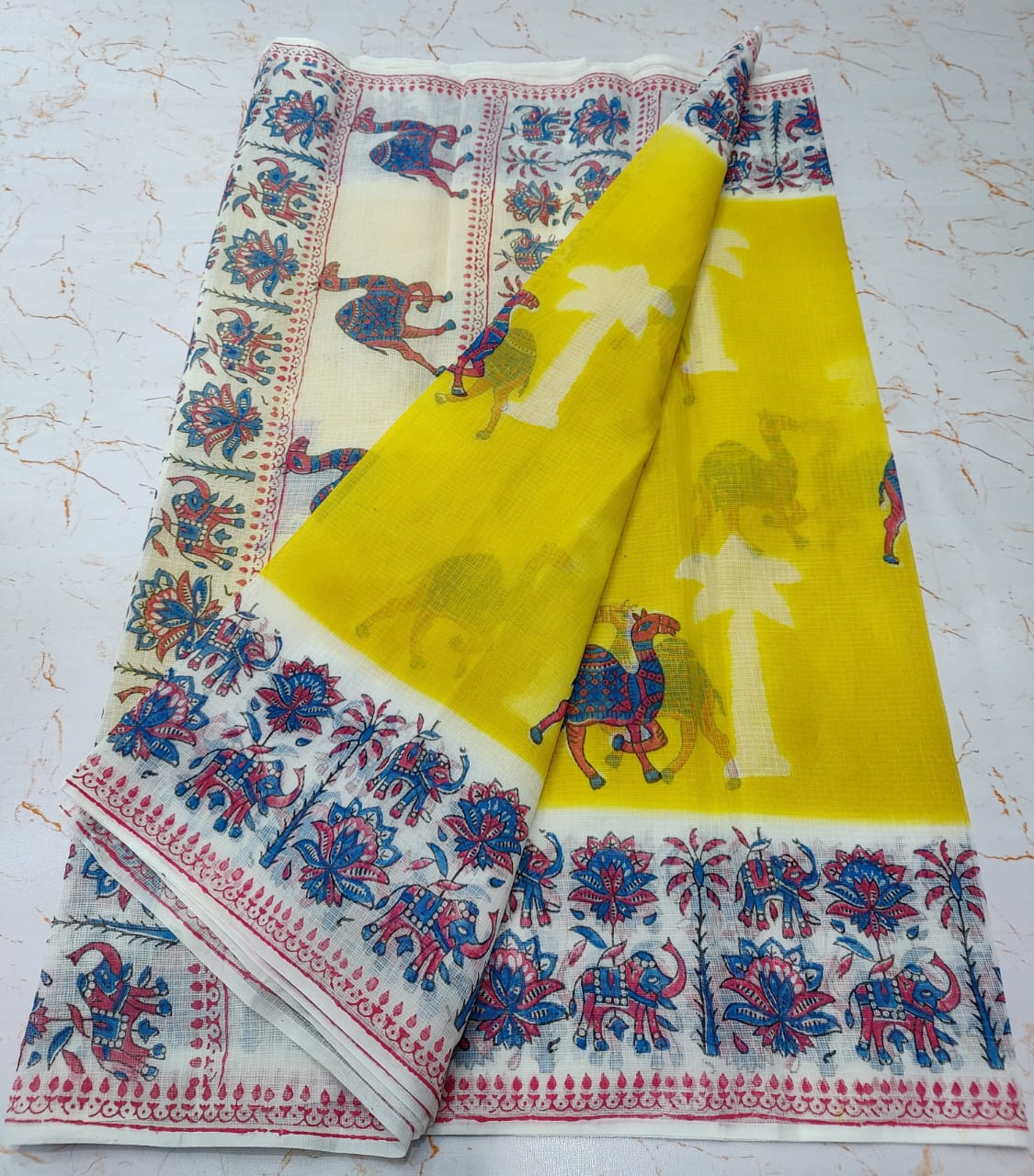 Canary Yellow Tree Print Refined KotaDoria Dye Block Printed Cotton Saree With Blouse