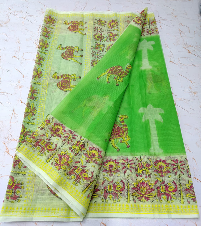 Parrot Green Tree Print Refined KotaDoria Dye Block Printed Cotton Saree With Blouse