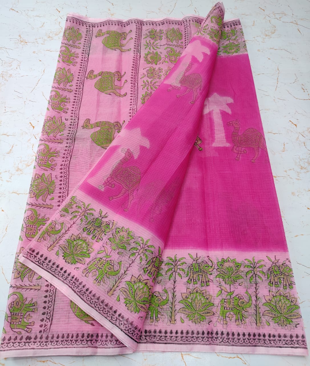 Blush Pink Refined KotaDoria Dye Block Printed Cotton Saree With Blouse