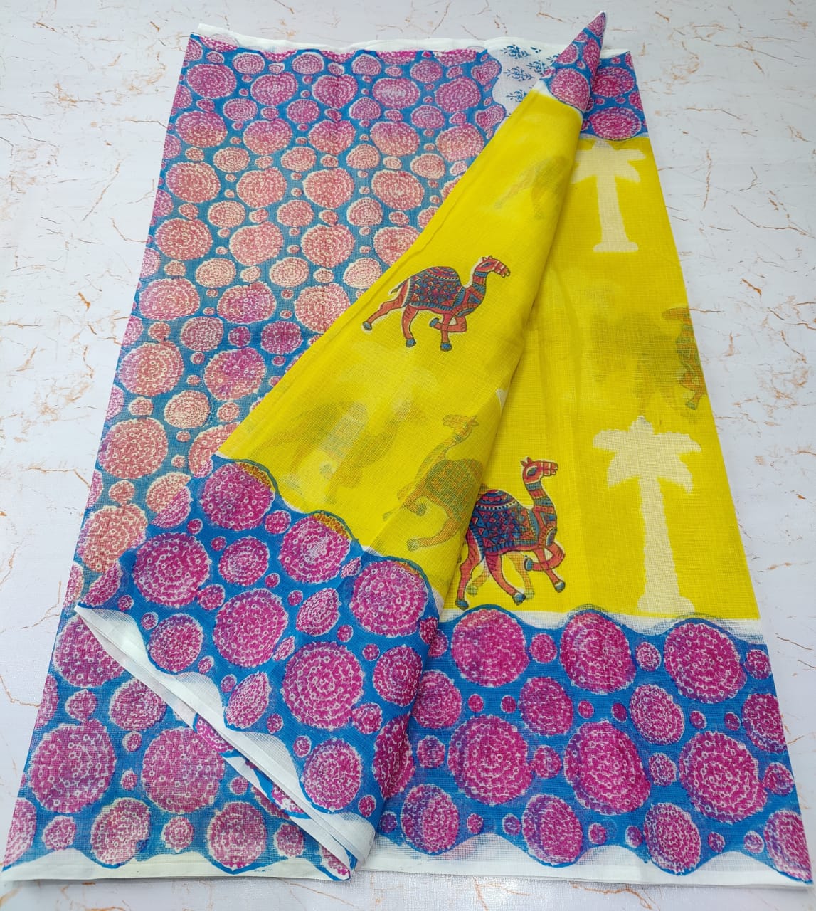Canary Yellow Circle Refined KotaDoria Dye Block Printed Cotton Saree With Blouse