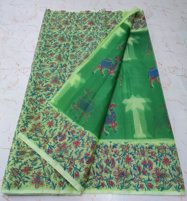 Cadmium Green Refined KotaDoria Dye Block Printed Cotton Saree With Blouse