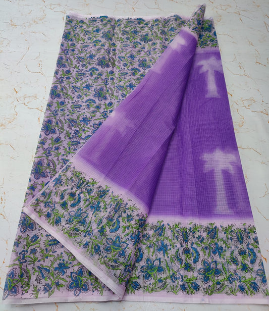 Lavender Sofisticated KotaDoria Dye Block Printed Cotton Saree With Blouse