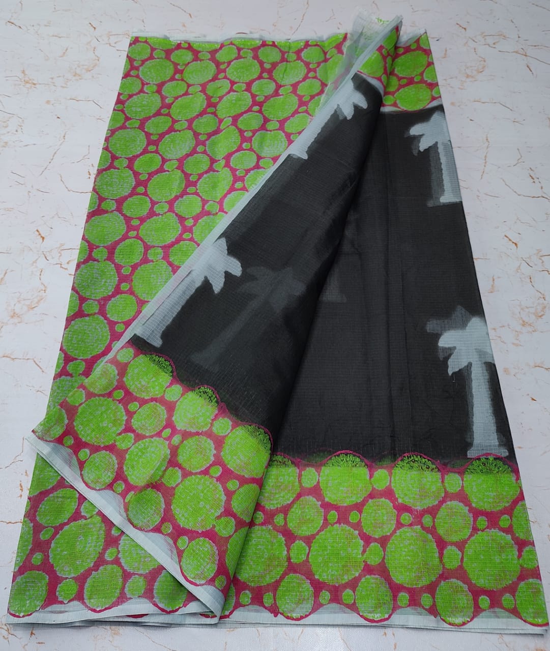 Sheen Green Sofisticated KotaDoria Dye Block Printed Cotton Saree With Blouse