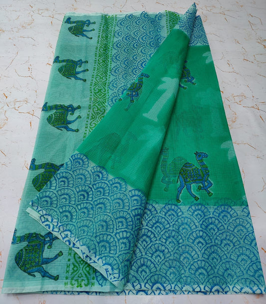 Persian Green Sofisticated KotaDoria Dye Block Printed Cotton Saree With Blouse