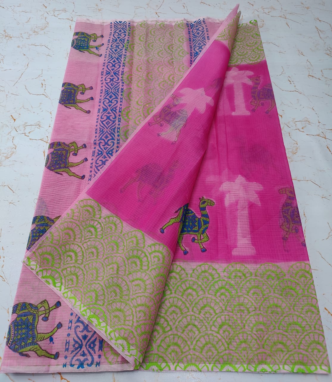Blush Pink With Blue Linen Sofisticated KotaDoria Dye Block Printed Cotton Saree With Blouse