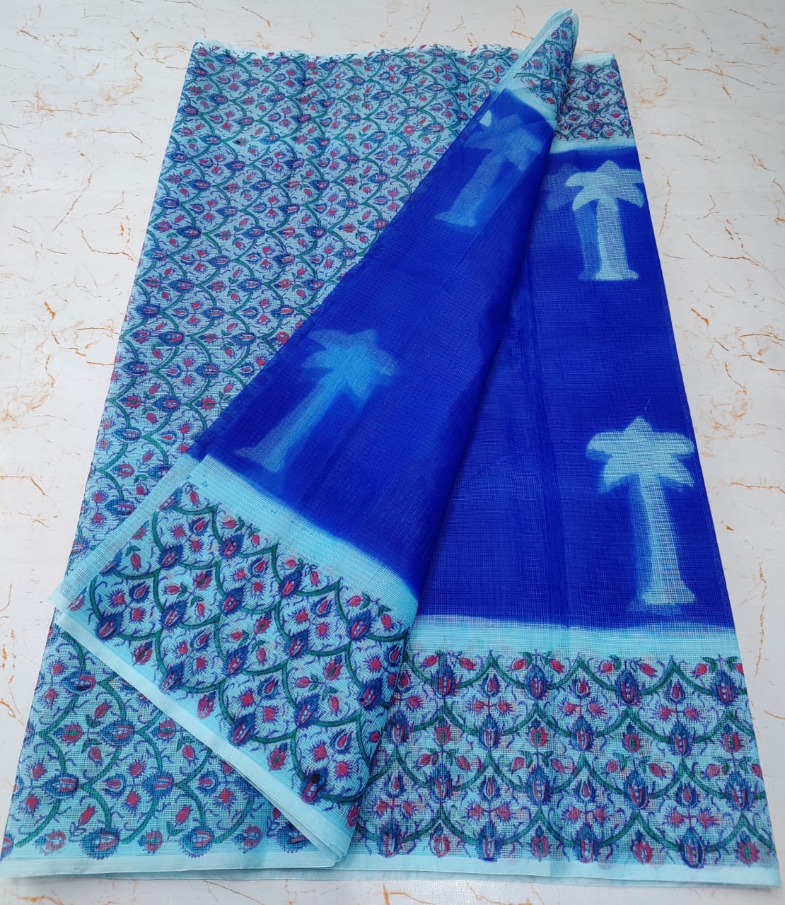 Blue Sofisticated KotaDoria Dye Block Printed Cotton Saree With Blouse ...