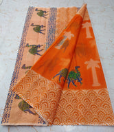 Orange Sofisticated KotaDoria Dye Block Printed Cotton Saree With Blouse