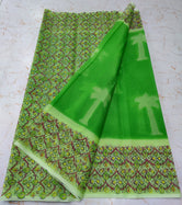 Parrot Green Sofisticated KotaDoria Dye Block Printed Cotton Saree With Blouse
