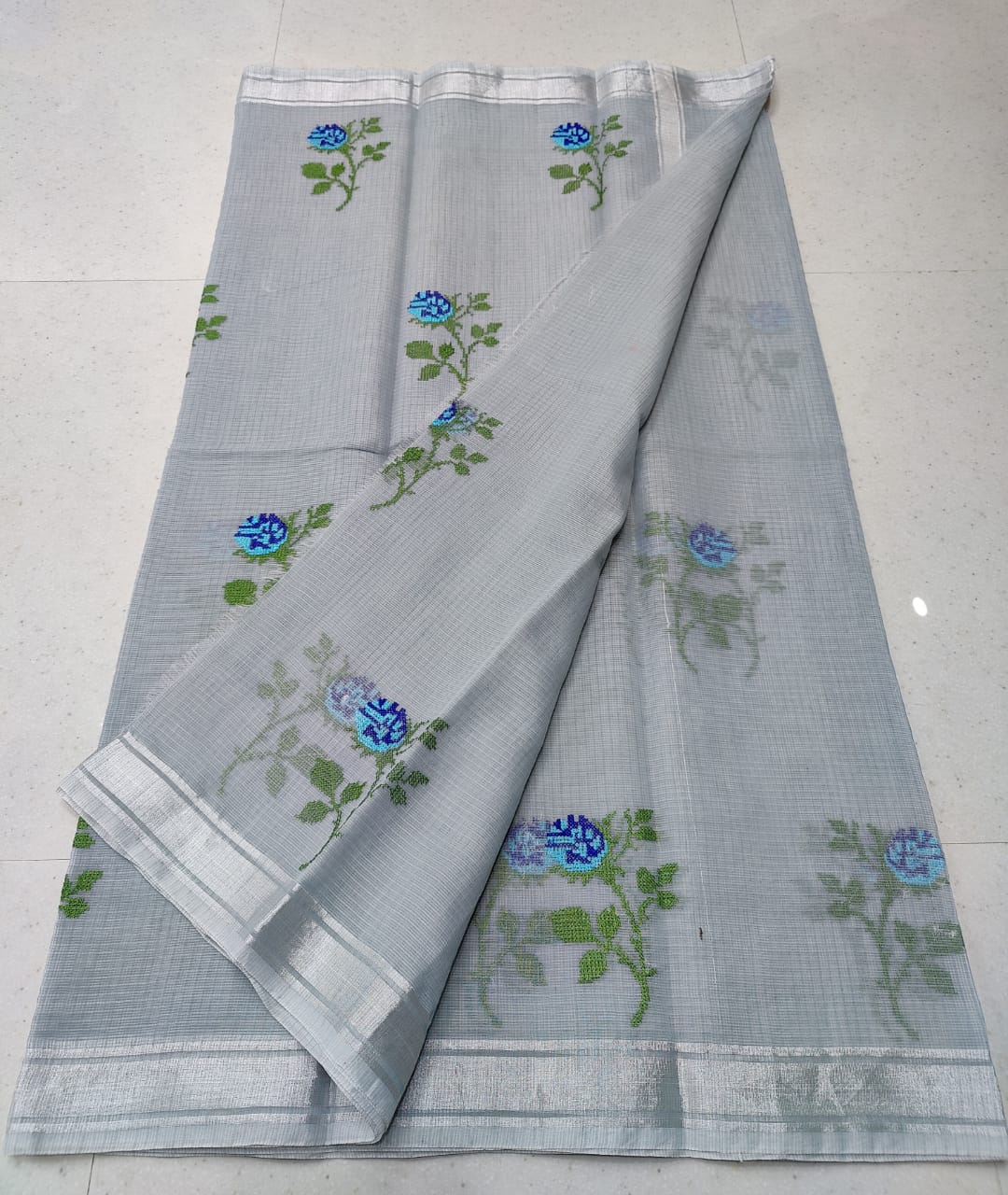 Greyish Kota Doria Embroidery Cotton Saree With Running Blouse