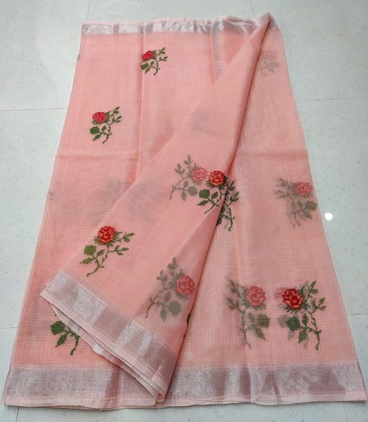 Salmon Pink With Red Flower Kota Doria Embroidery Cotton Saree With Running Blouse