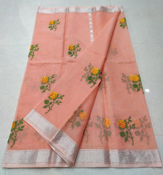 Salmon Pink With Yellow Flower Kota Doria Embroidery Cotton Saree With Running Blouse