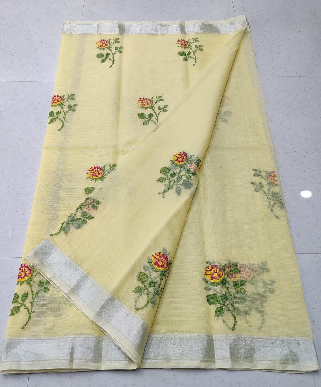 Minion Yellow Kota Doria Embroidery Cotton Saree With Running Blouse