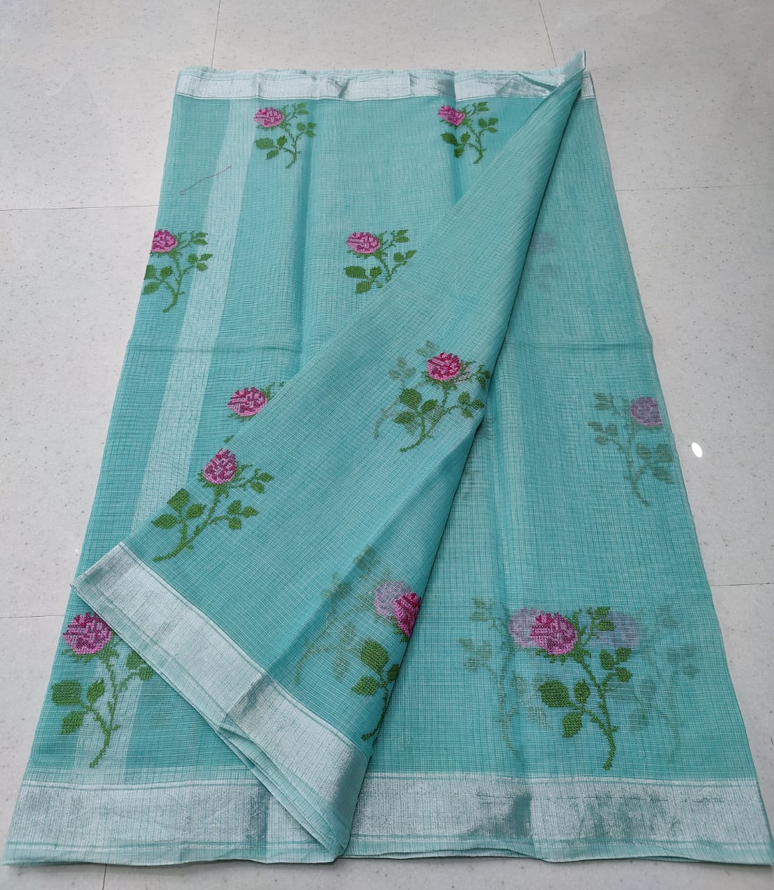 Baby Blue Kota Doria Embroidery Cotton Saree With Running Blouse
