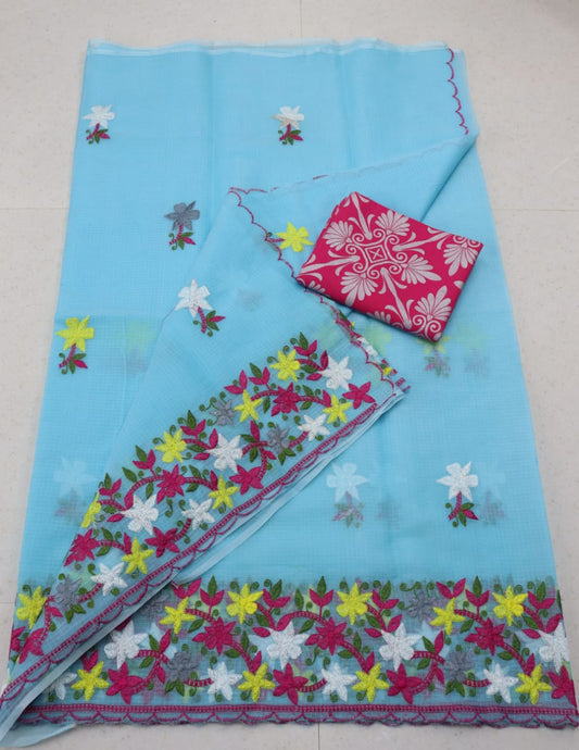 Sky Blue Kota Doria Chickenkari Embroidery Saree With Contrast Printed Blouse