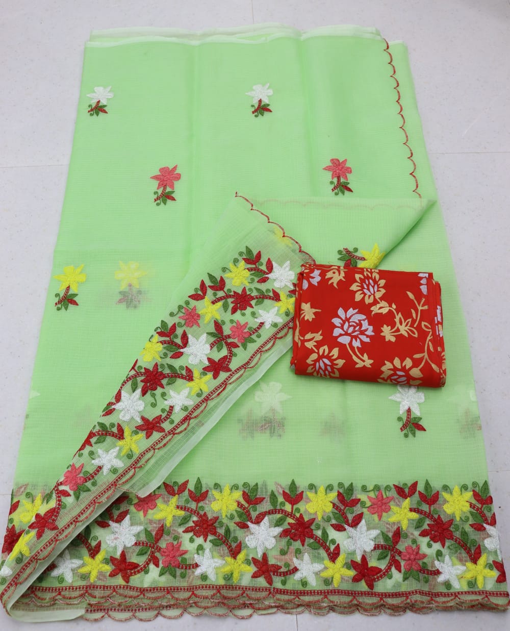 Light Green Kota Doria Chickenkari Embroidery Saree With Contrast Printed Blouse