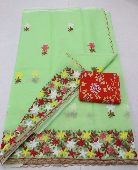 Light Green Kota Doria Chickenkari Embroidery Saree With Contrast Printed Blouse