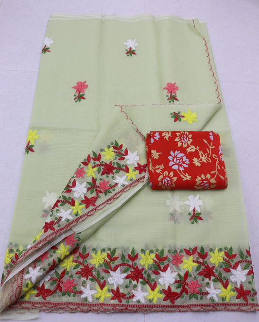 Olive Kota Doria Chickenkari Embroidery Saree With Contrast Printed Blouse