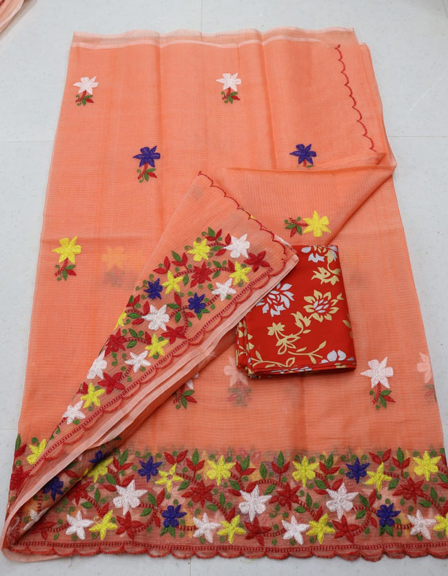Orange Soda Colored Kota Doria Chickenkari Embroidery Saree With Contrast Printed Blouse