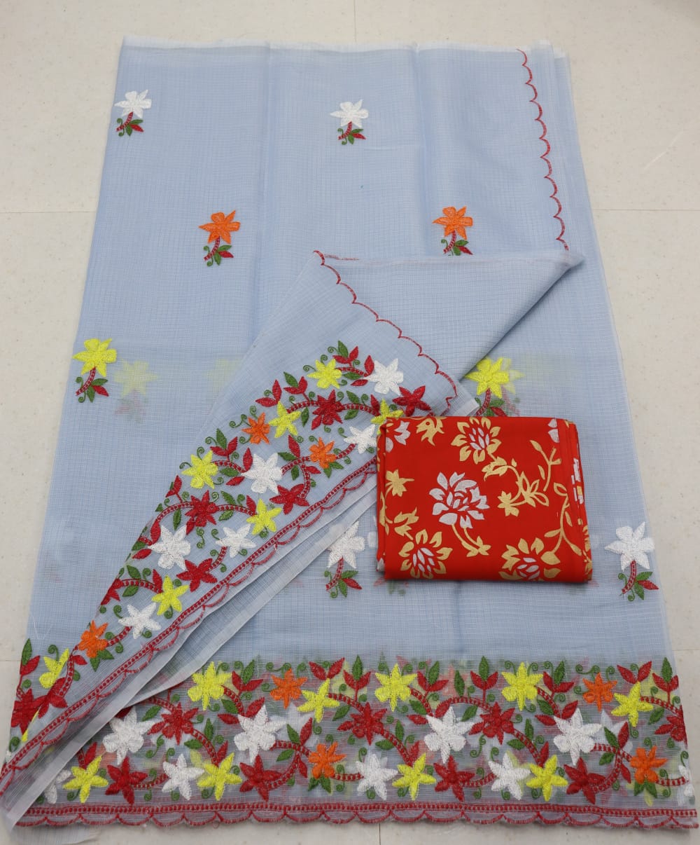 Frost Blue Colored Kota Doria Chickenkari Embroidery Saree With Contrast Printed Blouse