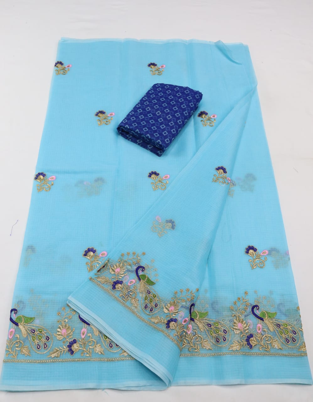 Maya Blue Peafowl Print Kota Doria Zari Work Embroidery Cotton Saree