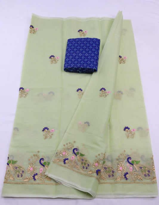 Mint Green Peafowl Print Kota Doria Zari Work Embroidery Cotton Saree