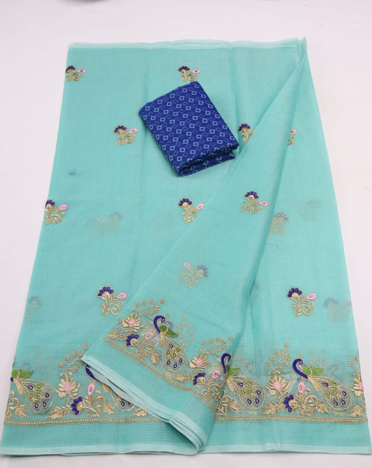 Electric Blue Peafowl Print Kota Doria Zari Work Embroidery Cotton Saree