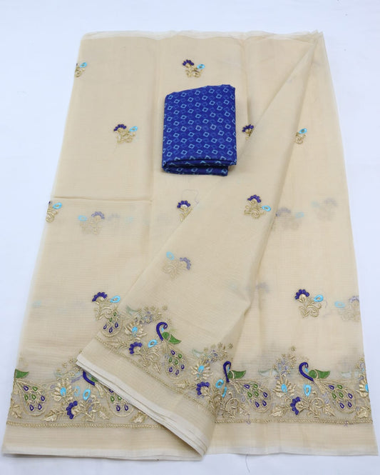 Linen Peafowl Print Kota Doria Zari Work Embroidery Cotton Saree