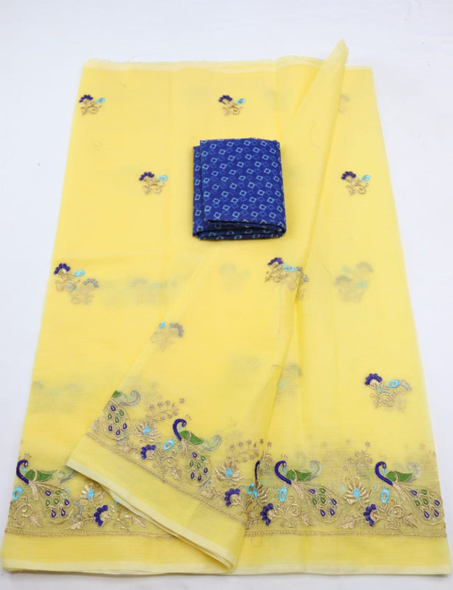 Blonde Yellow Peafowl Print Kota Doria Zari Work Embroidery Cotton Saree