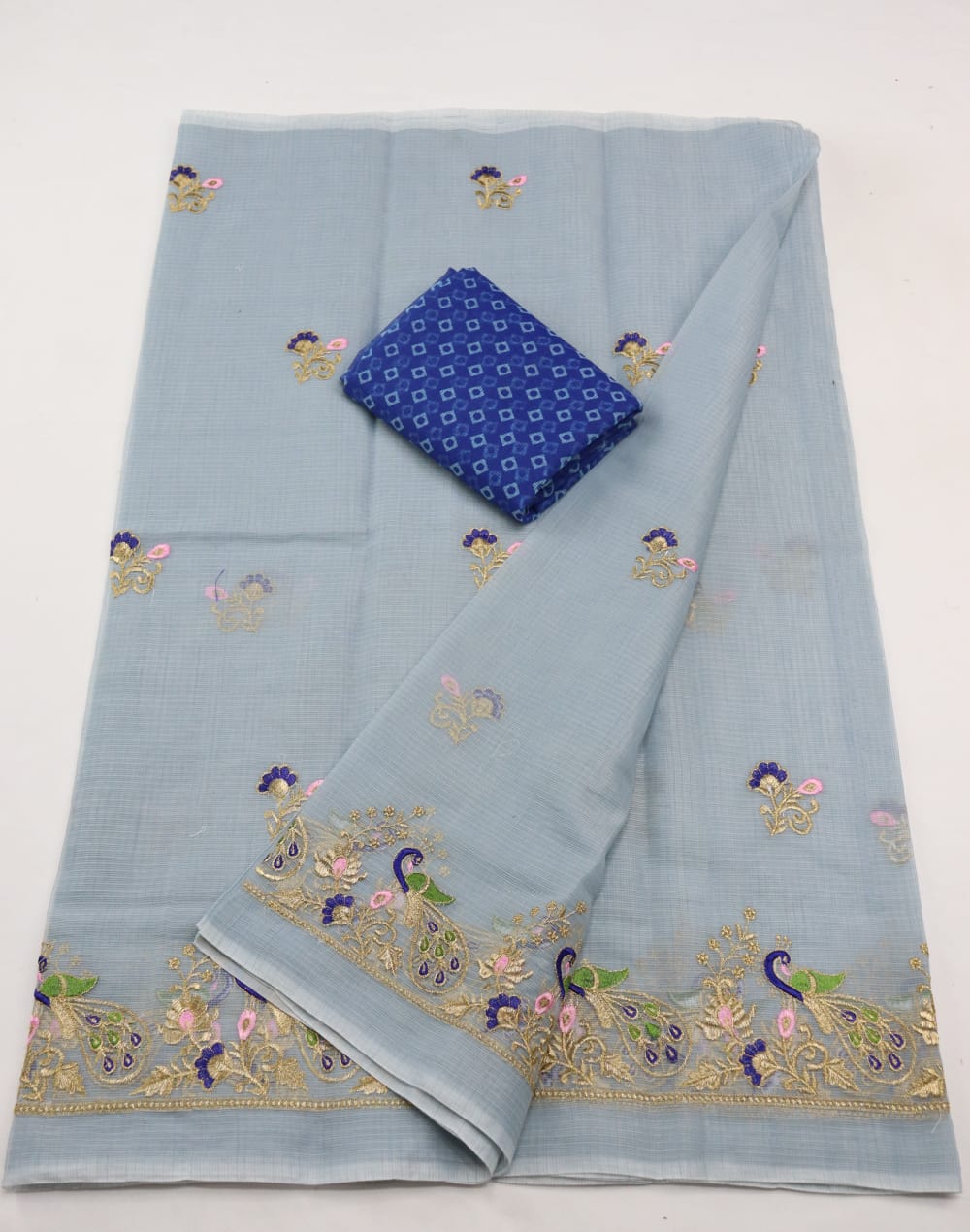 Florentine Blue Peafowl Print Kota Doria Zari Work Embroidery Cotton Saree