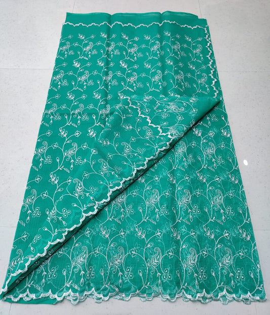 Sea Green Kota Doria Chickenkari Embroidery Cotton Saree With Running Blouse