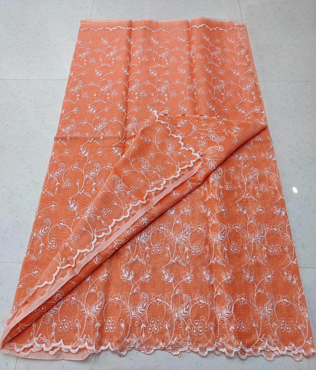 Orange Soda Kota Doria Chickenkari Embroidery Cotton Saree With Running Blouse