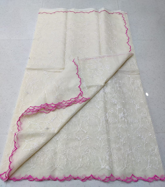 Daisy White Kota Doria Chickenkari Embroidery Cotton Saree With Running Blouse