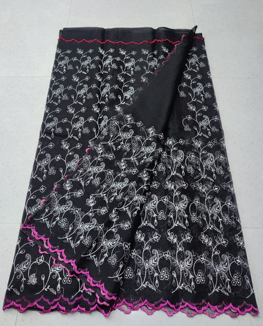 Black Kota Doria Chickenkari Embroidery Cotton Saree With Running Blouse