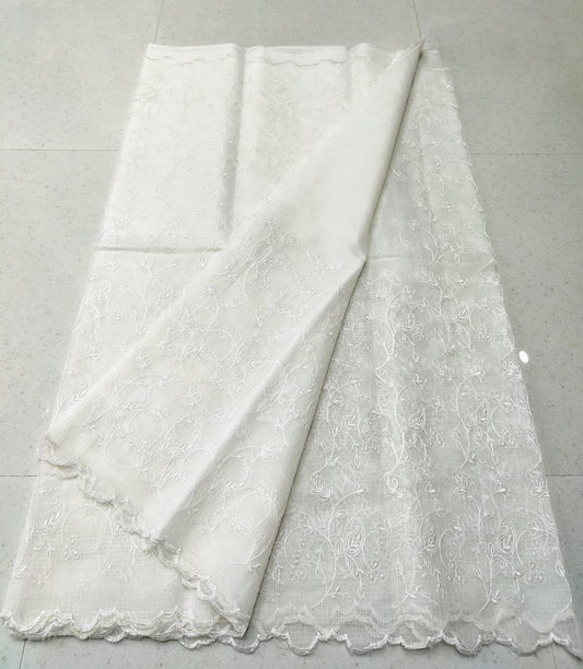 Pure White Kota Doria Chickenkari Embroidery Cotton Saree With Running Blouse