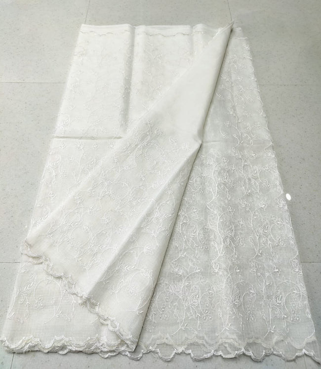 Pure White Kota Doria Chickenkari Embroidery Cotton Saree With Running Blouse