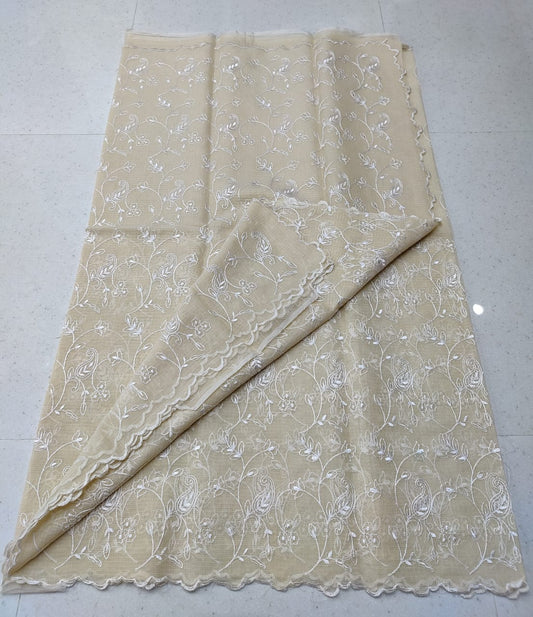 Macaroon Cream Kota Doria Chickenkari Embroidery Cotton Saree With Running Blouse