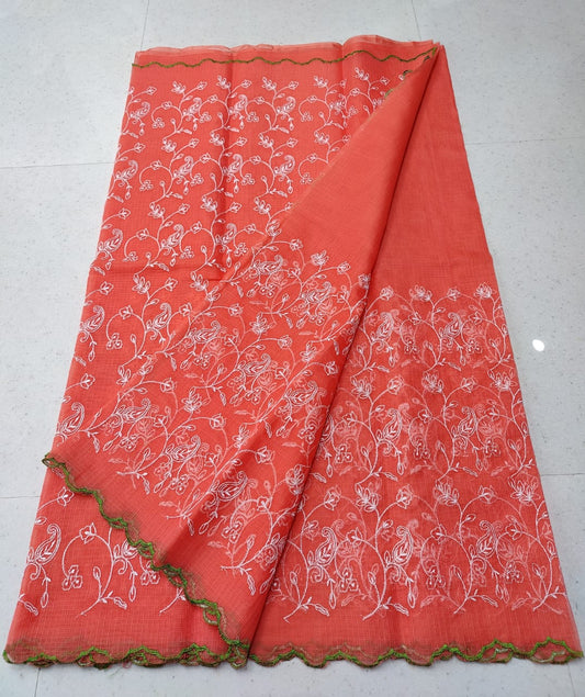 Sunset Orange Kota Doria Chickenkari Embroidery Cotton Saree With Running Blouse