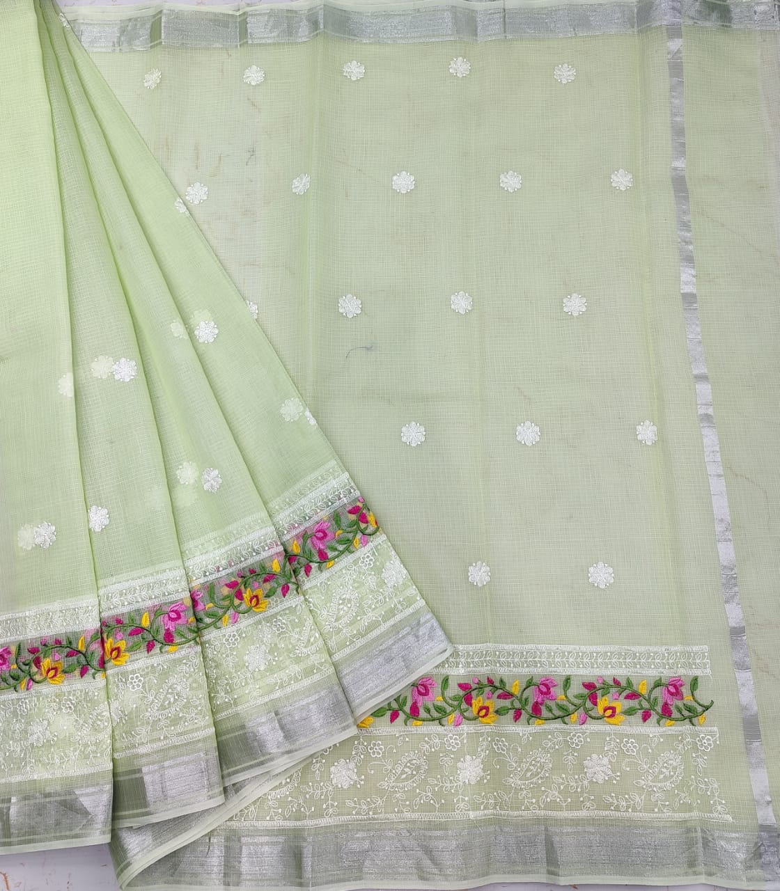 Cream Kota Doria Chickenkari Embroidery Cotton Saree With Running Blouse main image 1