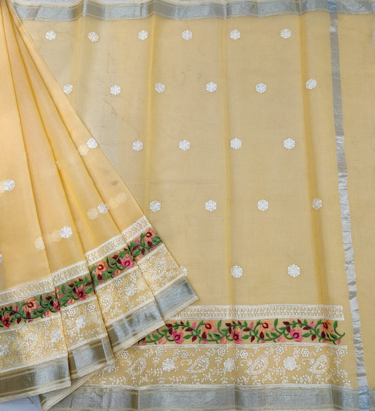 Pale Yellow Kota Doria Chickenkari Embroidery Cotton Saree With Running Blouse