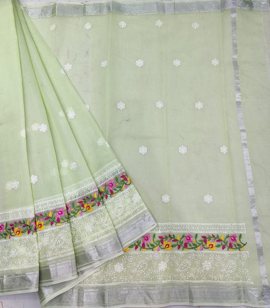 Olive Colored Kota Doria Chickenkari Embroidery Cotton Saree With Running Blouse