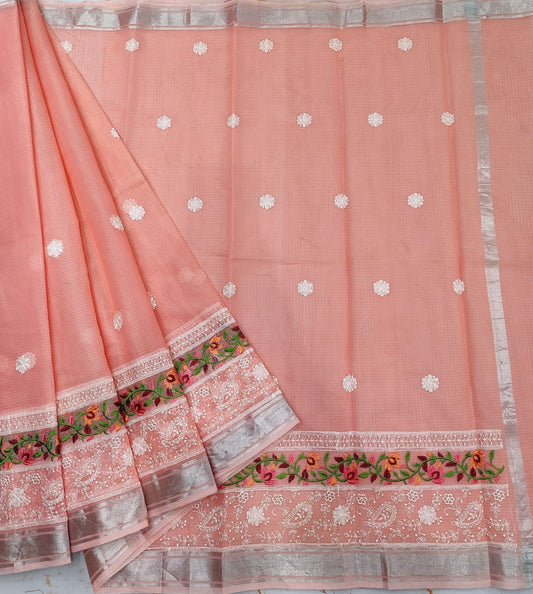 Salmon Pink Colored Kota Doria Chickenkari Embroidery Cotton Saree With Running Blouse