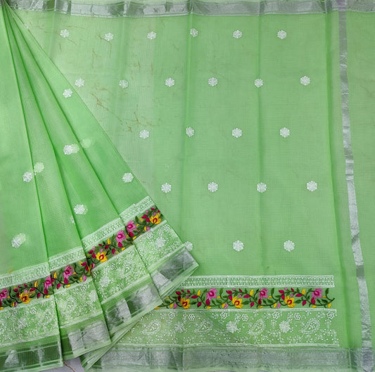 Light Green Colored Kota Doria Chickenkari Embroidery Cotton Saree With Running Blouse