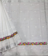 Light Grey Colored Kota Doria Chickenkari Embroidery Cotton Saree With Running Blouse