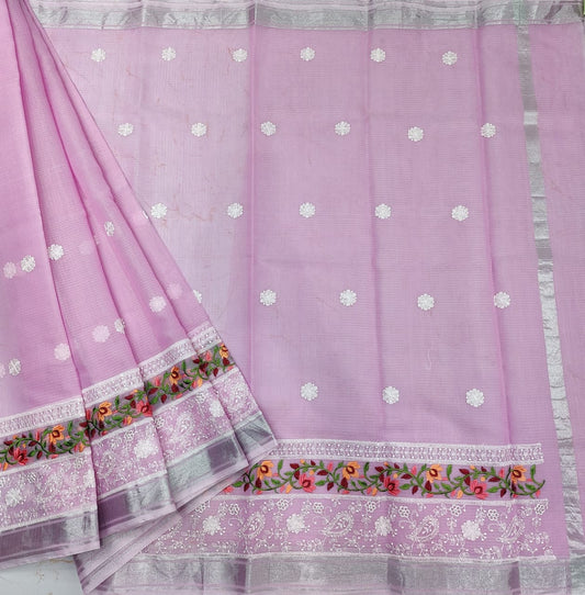 Purple Colored Kota Doria Chickenkari Embroidery Cotton Saree With Running Blouse