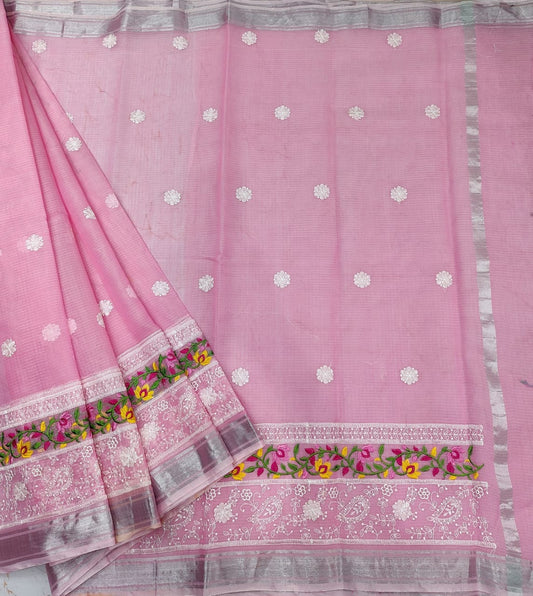 Baby Pink Colored Kota Doria Chickenkari Embroidery Cotton Saree With Running Blouse