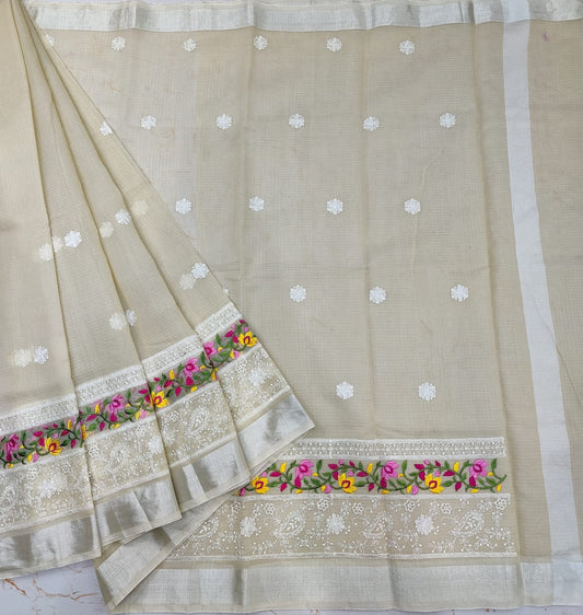 Cream Kota Doria Chickenkari Embroidery Cotton Saree With Running Blouse